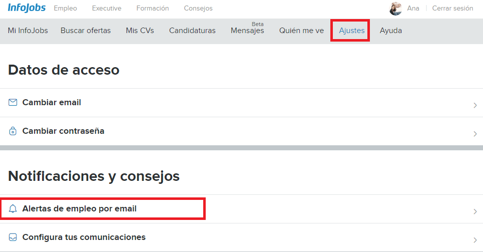 creación de alertas en infojobs