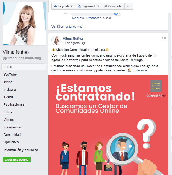 Fanpage para encontrar empleo Vilma núñez