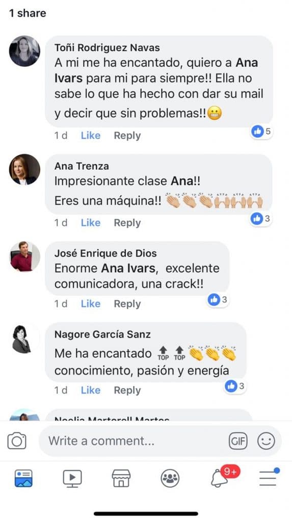 Comentarios recibidos en el Taller de Facebook Ads
